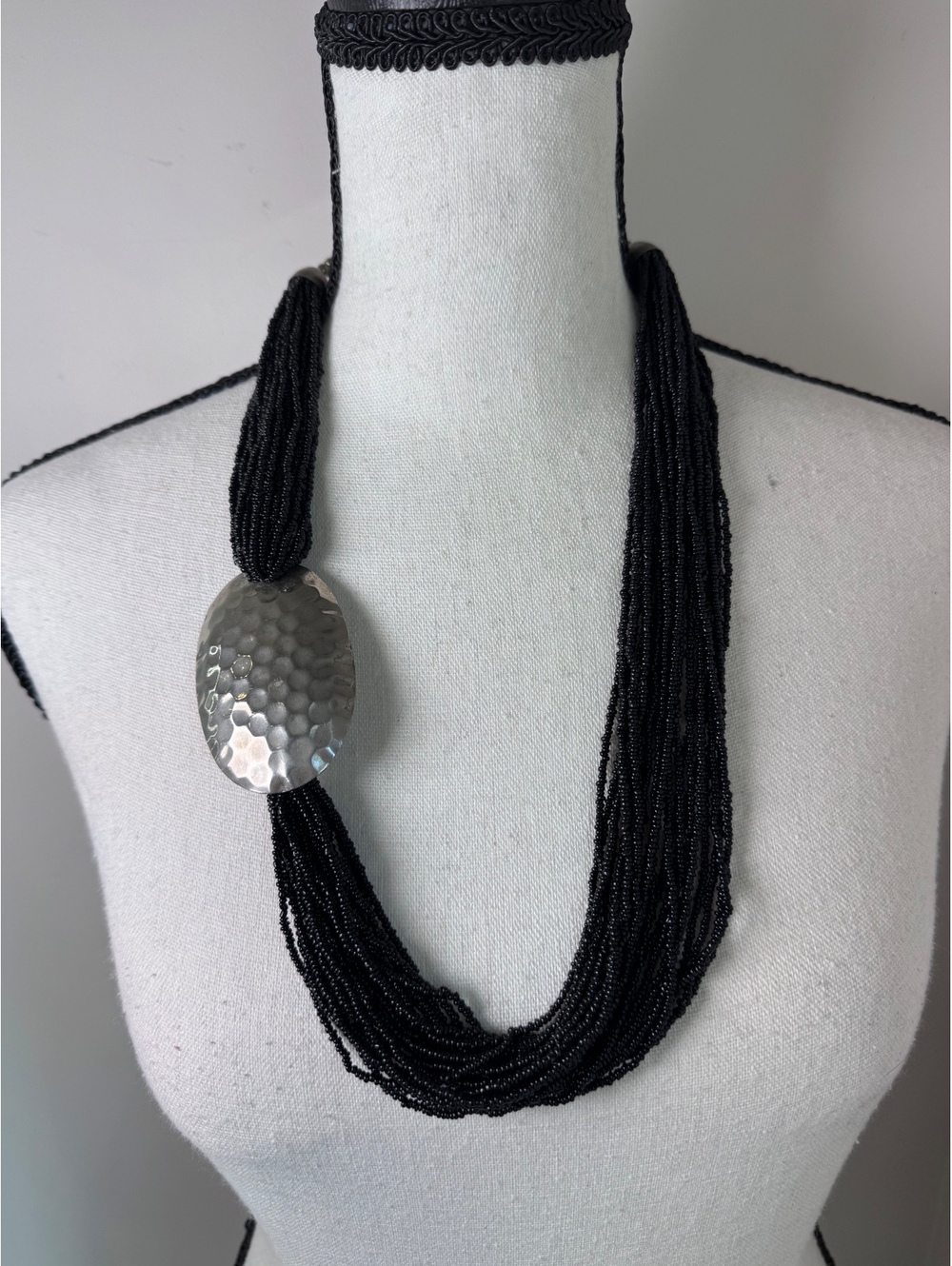 Vintage Boho Multi-Strand Black Bead Necklace w/ Hammered Silver Oval Medallion